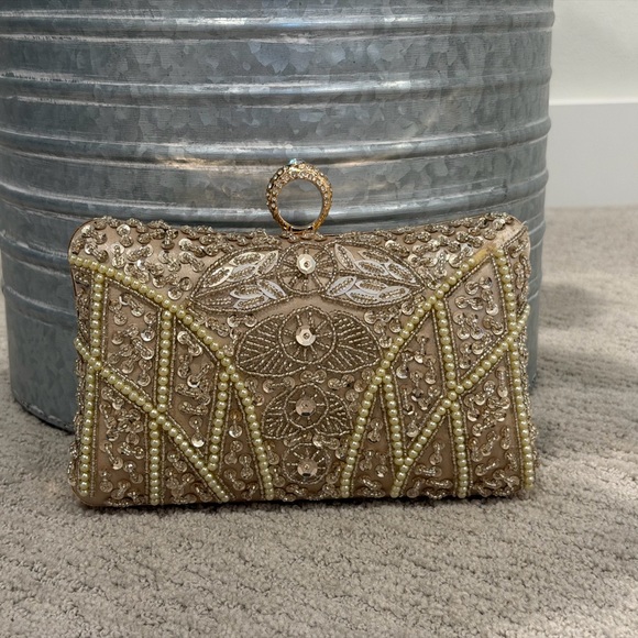 Handbags - Embellished Beaded Champagne Evening Clutch